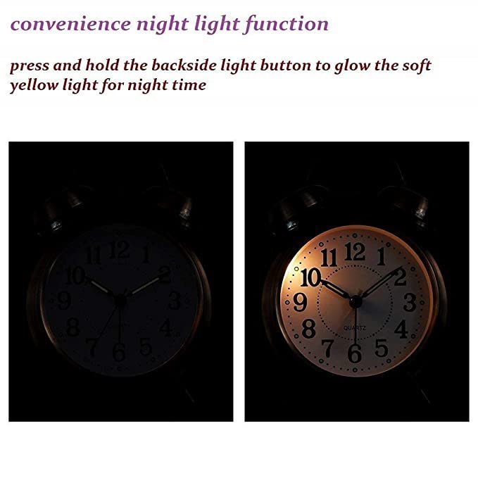 Sendrose Alarm Clock Brass Vintage Twin Bell Table Top Alarm Clock with Night Led Light Display Alarm Clock for Bedroom Heavy Sleepers Kids and Students (Silver)