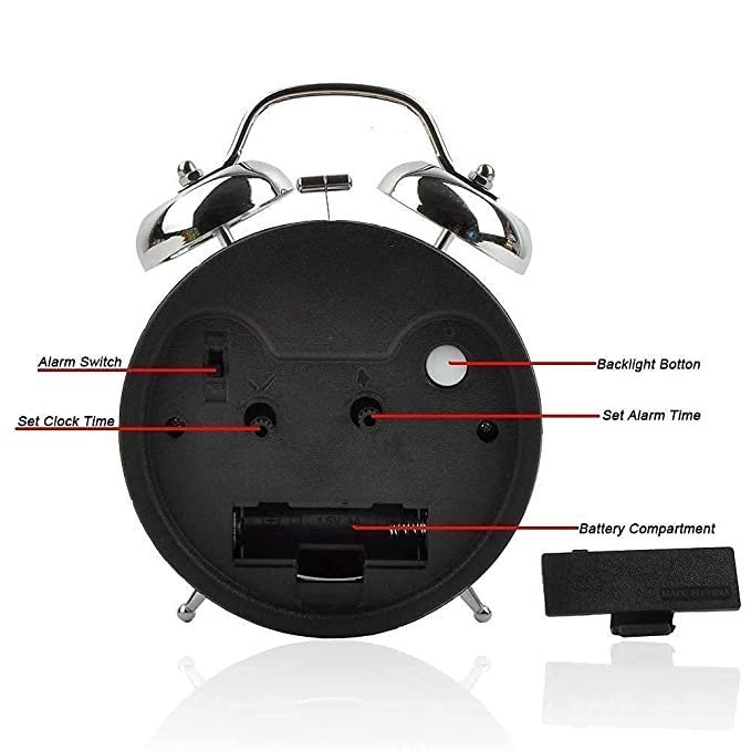 Sendrose Alarm Clock Brass Vintage Twin Bell Table Top Alarm Clock with Night Led Light Display Alarm Clock for Bedroom Heavy Sleepers Kids and Students (Silver)