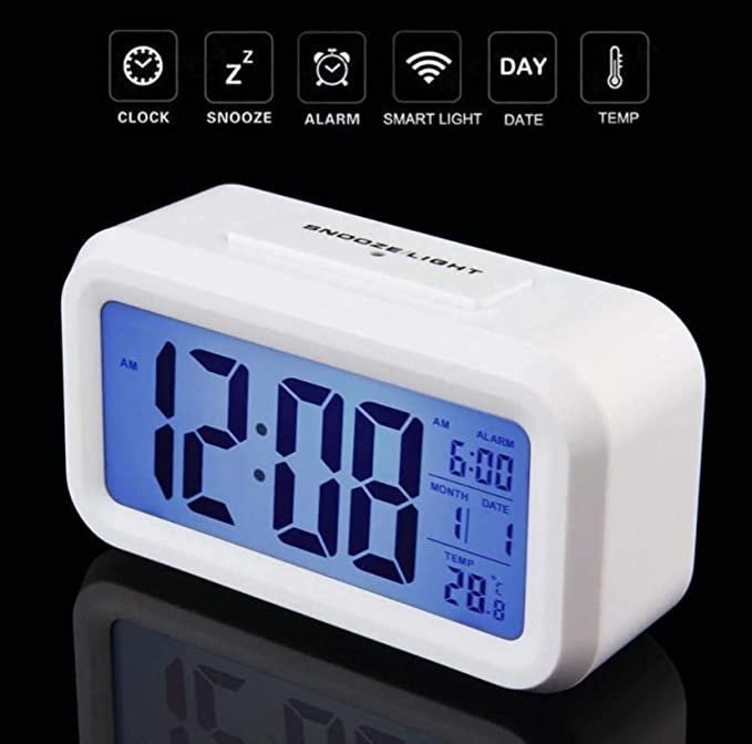 DICTA - Digital Alarm Clock White Smart Back Light Battery Operated Table Clock with Automatic Sensor