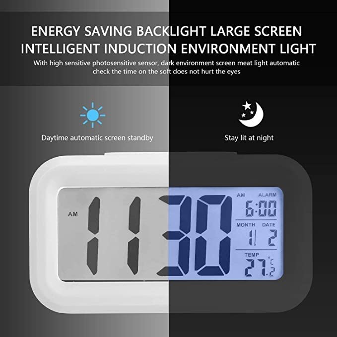 DICTA - Digital Alarm Clock White Smart Back Light Battery Operated Table Clock with Automatic Sensor