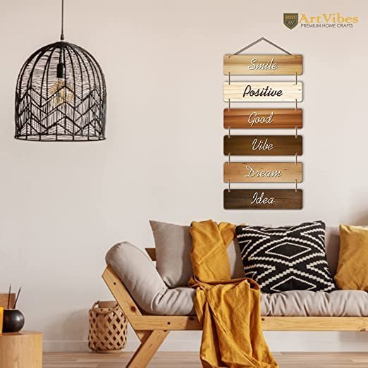 Artvibes Designer Wooden Wall Hanger , MDF Wood, Decorative, for Home Decor, Office (WH_3204N, Multicolour, Motivational) - Set of 6