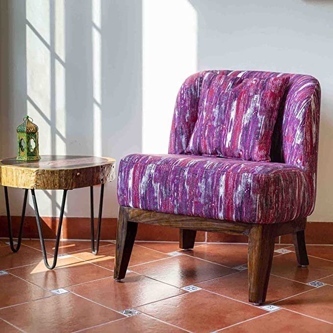 Timberly Upholstered Printed Single Seater Sofa Chair with Matching Cushion, Rest Chair for Living Room, Bedroom, Hall, Lounge and Balcony, Teak Wood, Fabric (Red)