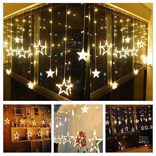 Desidiya 12 Stars 138 Led Curtain String Lights Window Curtain Lights With 8 Flashing Modes Decoration For Christmas, Wedding, Party, Home, Patio Lawn Warm White (138 Led-Star, Copper, Pack of 1)
