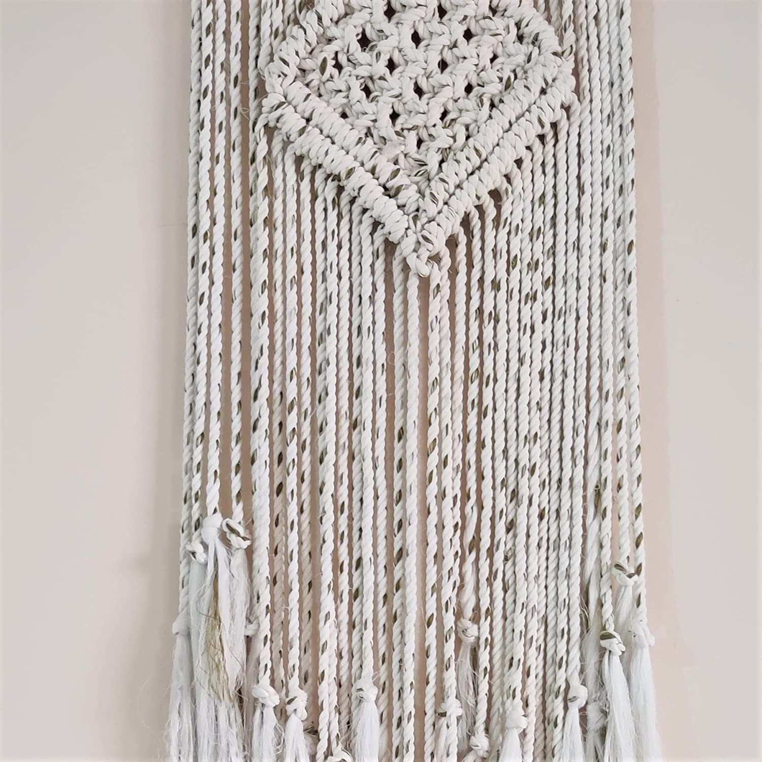 Kasba Cotton Wall Hanging for livingroom Decoration | Bohemian Geometric Theme | Cotton Dream Catcher | Bohemian Wall Decor | Handmade (3 feet, White with Green Lines)