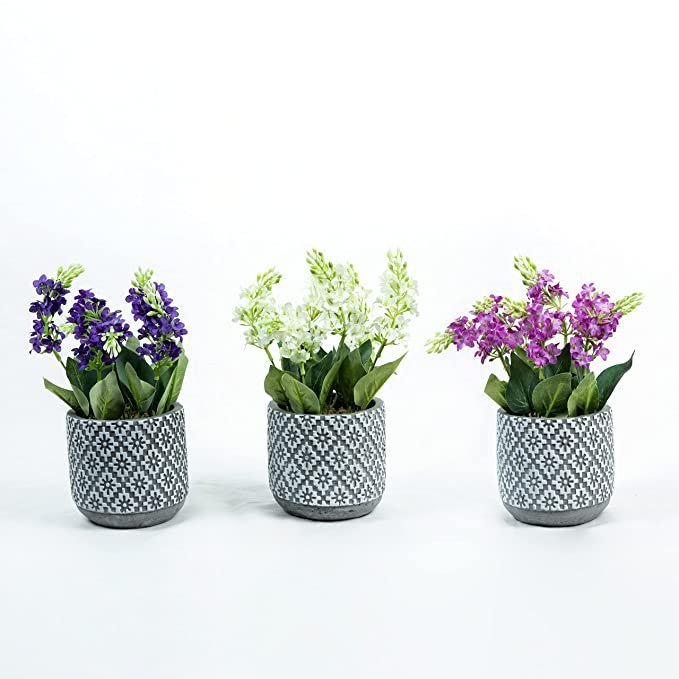 &BLOOMS Set of 3 Artificial Ceramic Flower Pot for Home Office Decoration Brazilian Lilacs Natural Looking Artificial Flower in Moroccan Pot-Size-19X14 CM