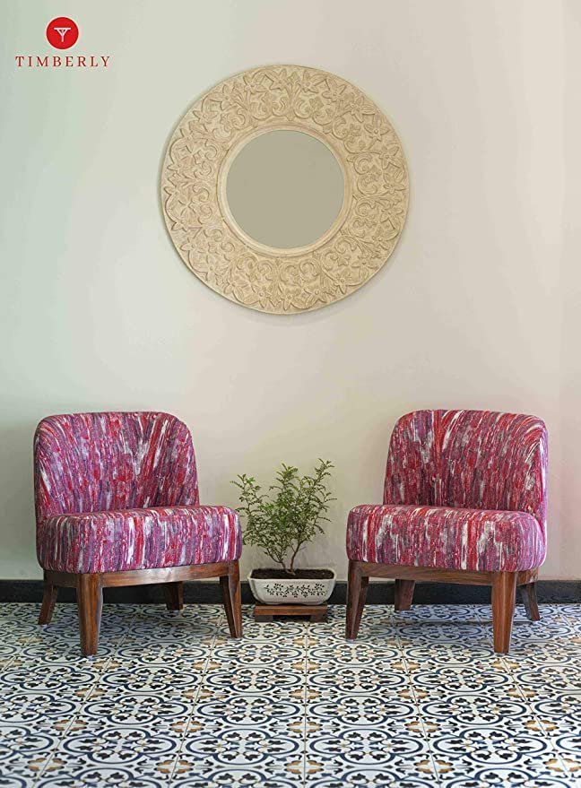 Timberly Upholstered Printed Single Seater Sofa Chair with Matching Cushion, Rest Chair for Living Room, Bedroom, Hall, Lounge and Balcony, Teak Wood, Fabric (Red)