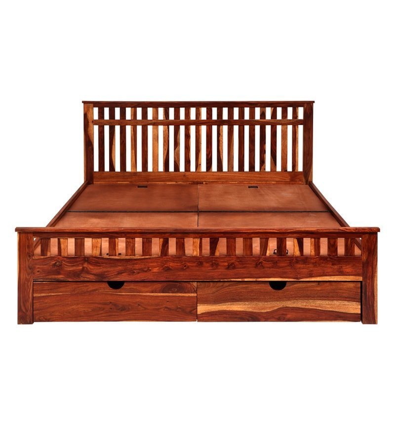 Beatrice Queen Size Bed with Drawer Storage in Honey Finish